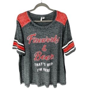 “Fireworks & Beer” Charcoal Gray/Red/White Burnout Style Tee Sz - 18/20W